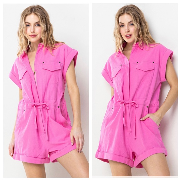 18 Linen Solid Pocket Detailed Romper - Picture 2 of 6